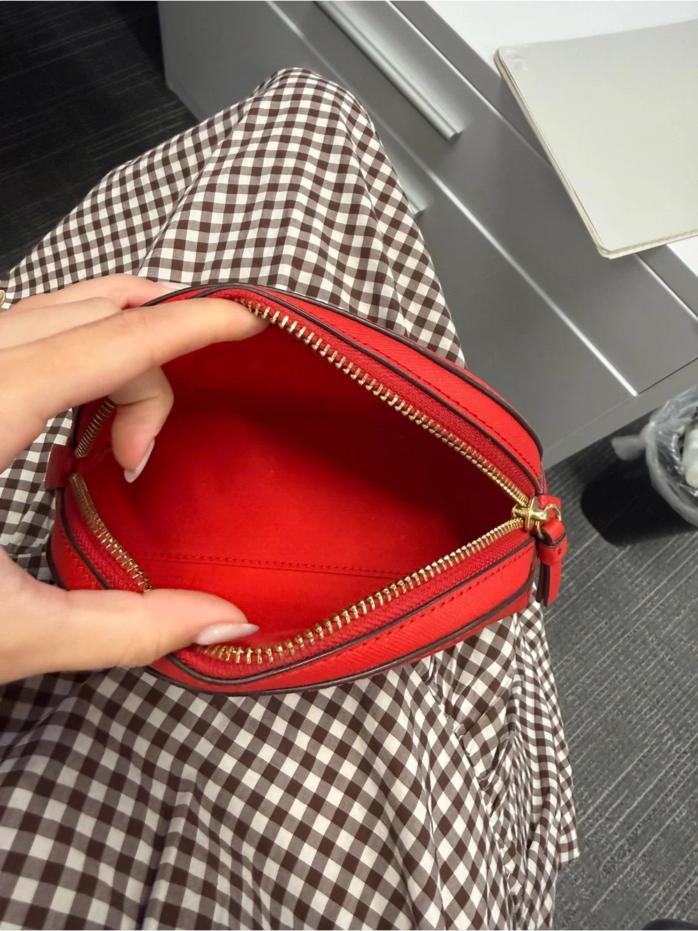 Tory Burch Red Saffiano Half-Moon Cosmetic Case with Gold Logo